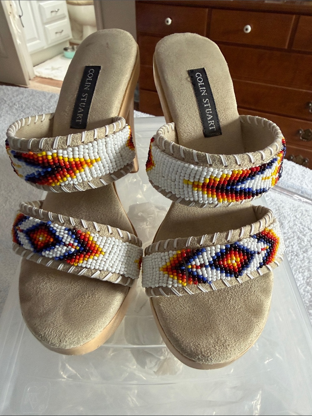 Colin Stuart Beaded White Slide Mules with Multicolor Accent